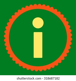 Info round stamp icon. This flat vector symbol is drawn with orange and yellow colors on a green background.