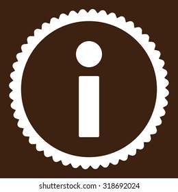 Info round stamp icon. This flat vector symbol is drawn with white color on a brown background.