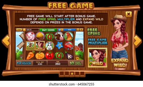 Info screen for slot game on wooden background. Vector illustration