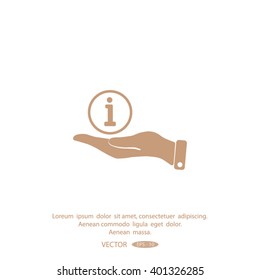 Info sign on hand icon, vector illustration.