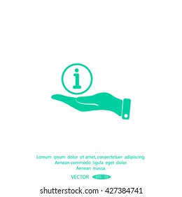 Info sign on hand icon, vector illustration.
