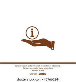 Info sign on hand icon, vector illustration.