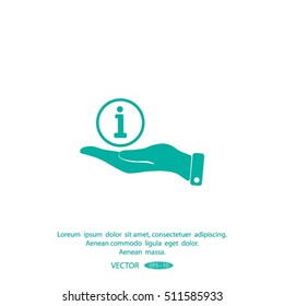 Info sign on hand icon, vector illustration.