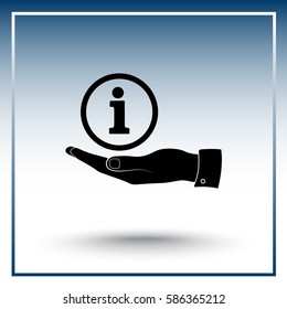 Info sign on hand icon, vector illustration. Flat design style 