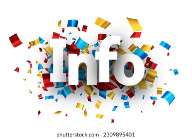 Info Schild auf ausgeschnittenem Folienbänder konfetti Hintergrund. Design-Element. Vektorbanner-Illustration.