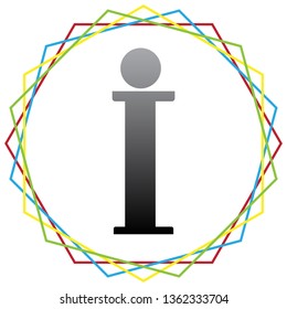Info sign. Vector. Black icon with patch of light inside colorful hexagonal frames at white background.