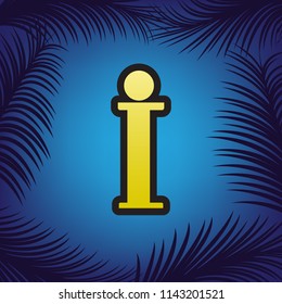 Info sign. Vector. Golden icon with black contour at blue background with branches of palm trees.