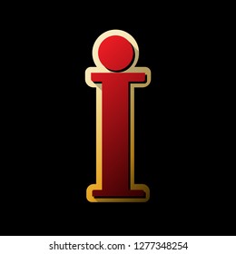 Info sign. Vector. Red icon with small black and limitless shadows at golden sticker on black background.