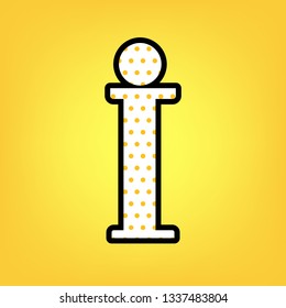 Info sign. Vector. Yellow polka dot white icon with black contour at warm yellow background.