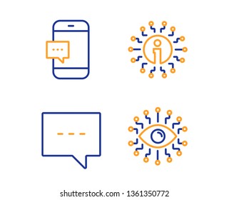 Info, Smartphone message and Blog icons simple set. Artificial intelligence sign. Information, Cellphone chat, Chat message. All-seeing eye. Technology set. Linear info icon. Colorful design set