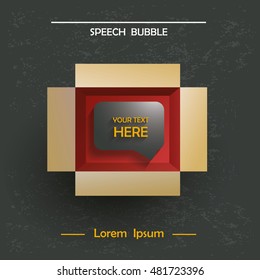 Info speech bubble in a cardboard box . Design template for you text. Open box and speech bubble