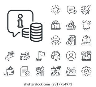 Info-Sprechblase-Zeichen. Salaryman, Gleichstellung der Geschlechter und Warnglocken umreißen Symbole. Symbol der Informationszeile. Geldinformationssymbol. Info-Zeilenzeichen. Spy oder Profil-Platzhalter-Symbol. Vektorgrafik