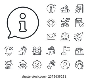 Info speech bubble sign. Salaryman, gender equality and alert bell outline icons. Information line icon. Help inform symbol. Info line sign. Spy or profile placeholder icon. Vector