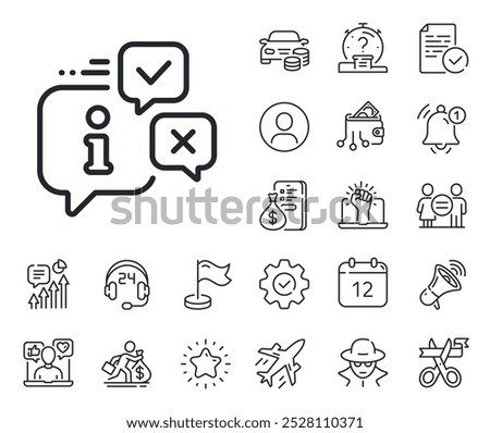 Info speech bubble sign. Salaryman, gender equality and alert bell outline icons. Information line icon. Help inform symbol. Info line sign. Spy or profile placeholder icon. Vector