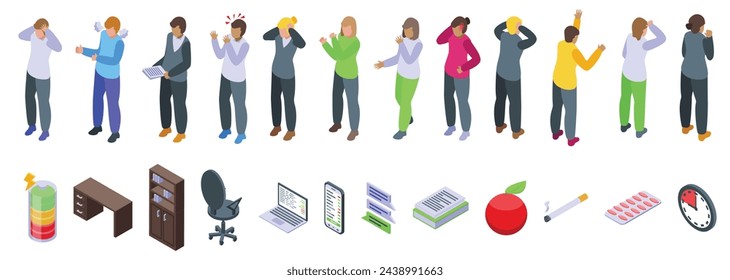 Info stress icons set isometric vector. Overload information. Mental person health