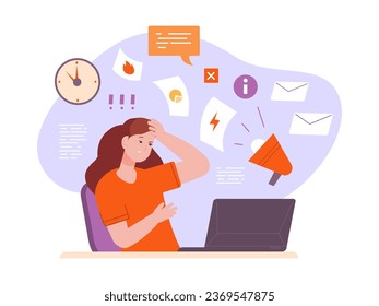 Info stress. Overwhelmed information or internet data excess, task overload head of busy working businessman tired woman from social media chaos and news vector illustration of overload information