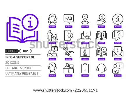 Info and support 01 related, pixel perfect, editable stroke, up scalable, line, vector bloop icon set. 