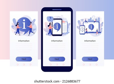 Info symbol. Information center online. Customer support, useful information, guides, frequently asked questions. Screen template for mobile, smartphone app. Modern flat cartoon style. Vector