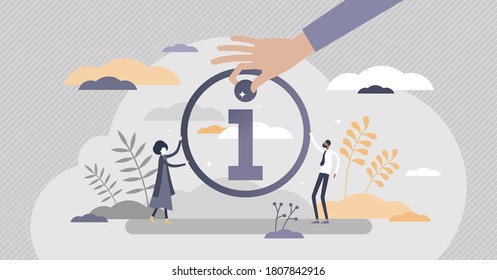 Info symbol with information stand for support and help tiny persons concept. Customers place for data search and travel or directions advice vector illustration. Letter i in circle as contact sign.