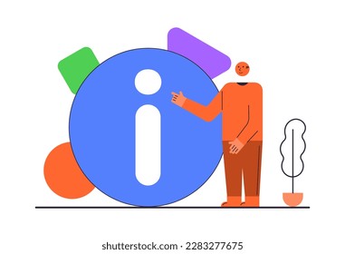 Info symbol with information stand for support and help tiny persons concept. Customers place for data search. Vector illustration