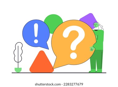 Info symbol with information stand for support and help tiny persons concept. Customers place for data search. Vector illustration