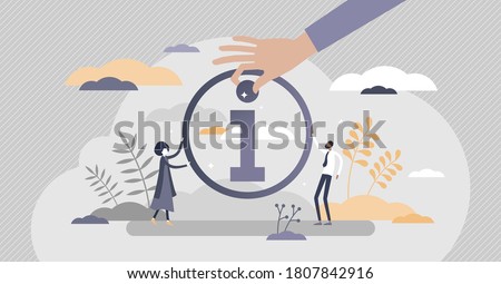 Info symbol with information stand for support and help tiny persons concept. Customers place for data search and travel or directions advice vector illustration. Letter i in circle as contact sign.