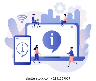 Info symbol in smartohone app and laptop web site. Information center online. Customer support, useful information, guides, frequently asked questions. Modern flat cartoon style. Vector illustration 