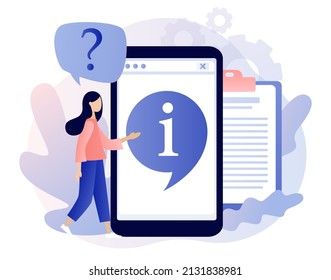Info symbol in smartphone app. Information center online. Customer support, useful information, guides, frequently asked questions. Modern flat cartoon style. Vector illustration on white background