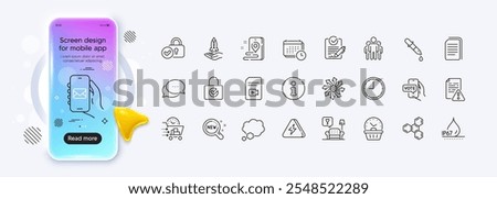 Info, Talk bubble and Time line icons for web app. Phone mockup gradient screen. Pack of Chemical formula, Dots message, Mail app pictogram icons. Waterproof, Online voting, Versatile signs. Vector