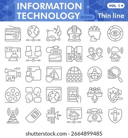 Colección o bocetos, tema de datos de tecnología con signos de estilo de línea delgada para Web y App. Gráficos de Vector aislados sobre fondo blanco