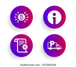 Info, Technical documentation and Bitcoin system icons simple set. Halftone dots button. Truck parking sign. Information, Manual, Cryptocurrency scheme. Free park. Business set. Vector
