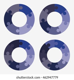 info template pie blue charts with 6, 7, 8, 9 steps