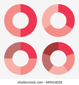 info template pie red charts with 2, 3, 4, 5 steps