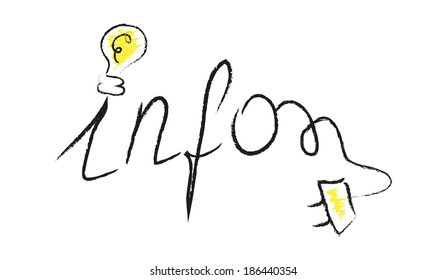 Info text with bulb and plug on white background.