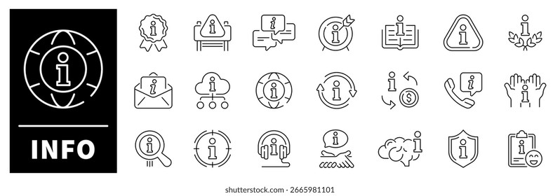 Info vector icons in line style. Information thin line icons set. Info outline icons