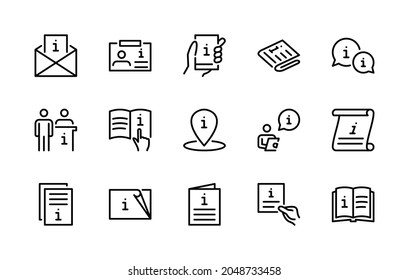 Juego de iconos lineales vectoriales INFO. Información comercial.  Referencia, Instrucción, manual, regla, información, centro de información y más. Icono de recopilación aislada de información para sitios web sobre fondo blanco.