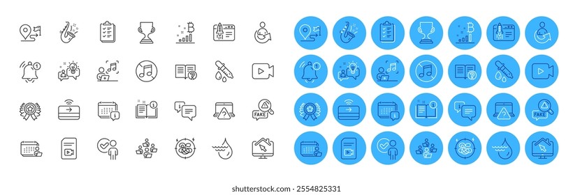 Info, Video file and Winner ribbon line icons pack. Music, Verification person, Chemistry pipette web icon. Accounting, Help, Contactless payment pictogram. Calendar, Work home, Journey. Vector