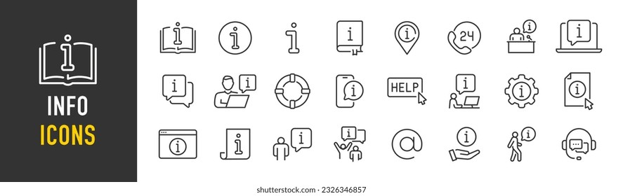 Info web icons in line style. Information, manual, online help, info center, instruction, rules, collection. Vector illustration.