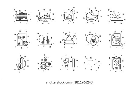 Infochart, Block diagram and Algorithm. Charts and graphs line icons. Presentation linear icon set Geometric elements. Quality signs set. Vector