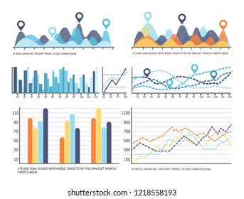 Infochart with data, flowchart visual information representation vector. Diagrams and schemes, charts with falling and growing lines design results