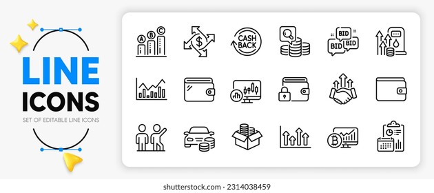 Infochart, Graph chart and Candlestick chart line icons set for app include Teamwork, Money wallet, Lock outline thin icon. Bid offer, Payment exchange, Cashback pictogram icon. Vector