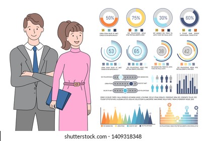 Infochart man and woman vector, people looking at visualized information, lady wearing dress and male in suit. Data with numeric info project analyze. Business managers do presentation
