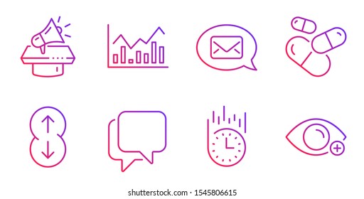 Infochart, Messenger and Talk bubble line icons set. Capsule pill, Fast delivery and Megaphone signs. Scroll down, Farsightedness symbols. Stock exchange, New message. Business set. Vector