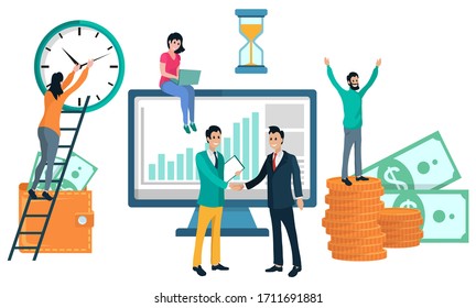 Infochart on computer monitor vector, people meeting partners handshake. Wallet with money banknotes and cash, ladder with clock deadline time sign