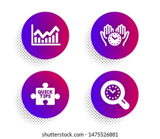 Infochart, Safe time and Quick tips icons simple set. Halftone dots button. Time management sign. Stock exchange, Hold clock, Tutorials. Science set. Classic flat infochart icon. Vector