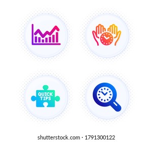 Infochart, Safe time and Quick tips icons simple set. Button with halftone dots. Time management sign. Stock exchange, Hold clock, Tutorials. Science set. Gradient flat infochart icon. Vector