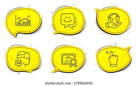Infochart sign. Diploma certificate, save planet chat bubbles. Smile face, Augmented reality and Touchscreen gesture line icons set. Chat, Virtual reality, Slide left. Stock exchange. Vector
