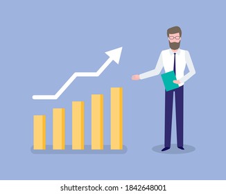 Infocharts and charts vector, man showing information in visual representation, result of analysis, flowchart with rising arrowhead, presenter with data