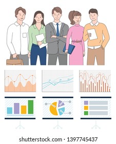 Infocharts with data on business project vector, man and woman working together on development of project and success. Teamwork with infographics