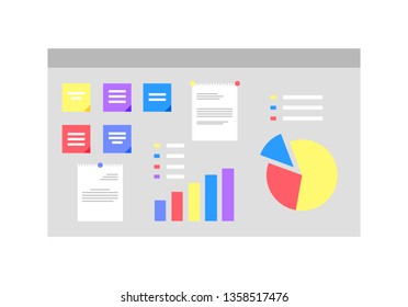 Infocharts and representation on board vector, isolated whiteboard with info for presentation flat style, statistics and layout analysis of project